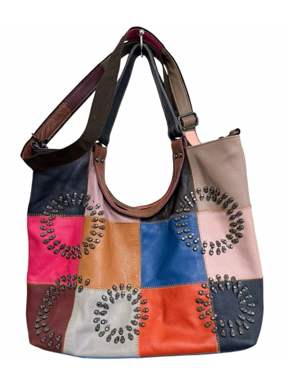 AmeriLeather Multicolor Boho Hobo Patchwork Skull Studded Shoulder Bag Zip Flaw